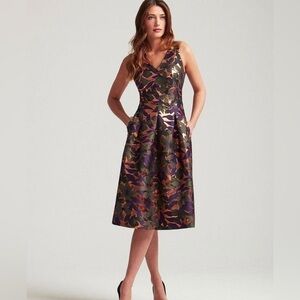 Sleeveless V-Neck Midi Dress in Metallic Floral Print